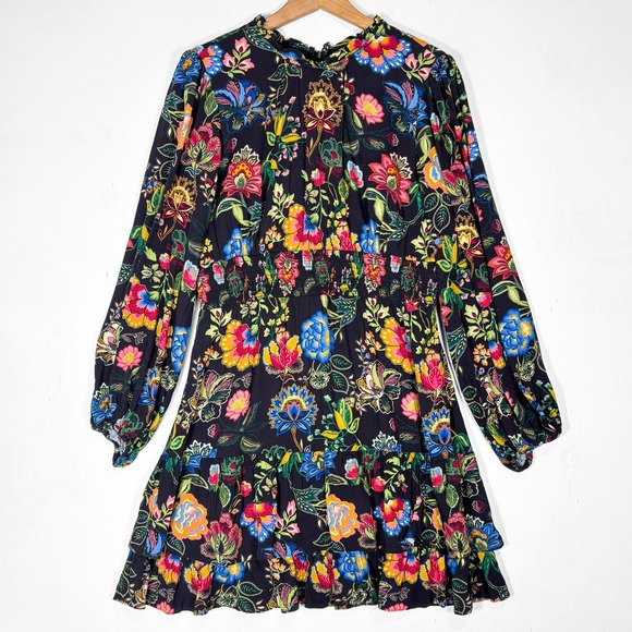 Adrianna Papell Floral Smocked Waist Tiered Ruffle Mini Dress Sz 14 Colorful - Picture 2 of 7